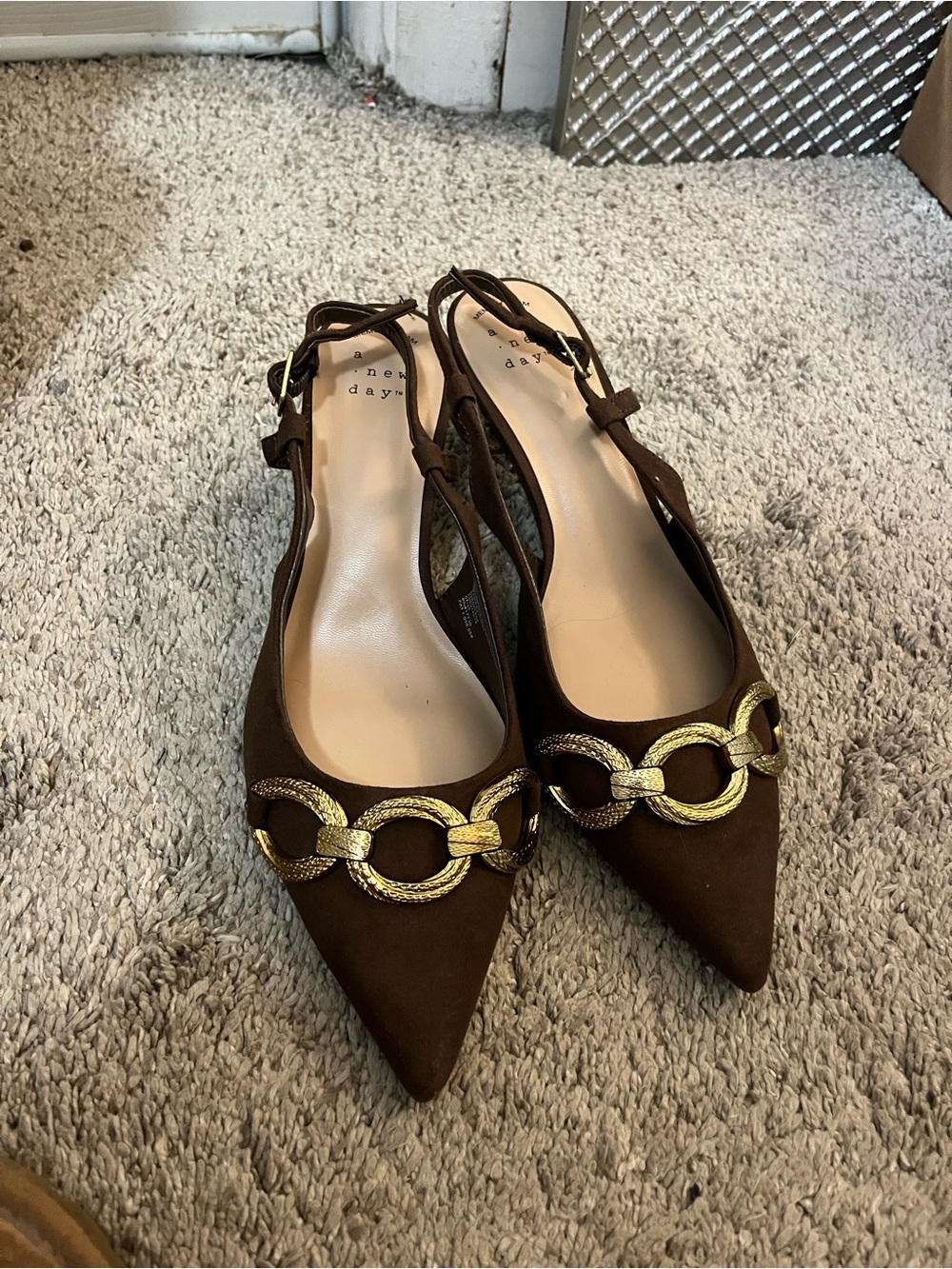 a new day Brown Pointed Slingback Kitten Heels with Gold Chain Detail